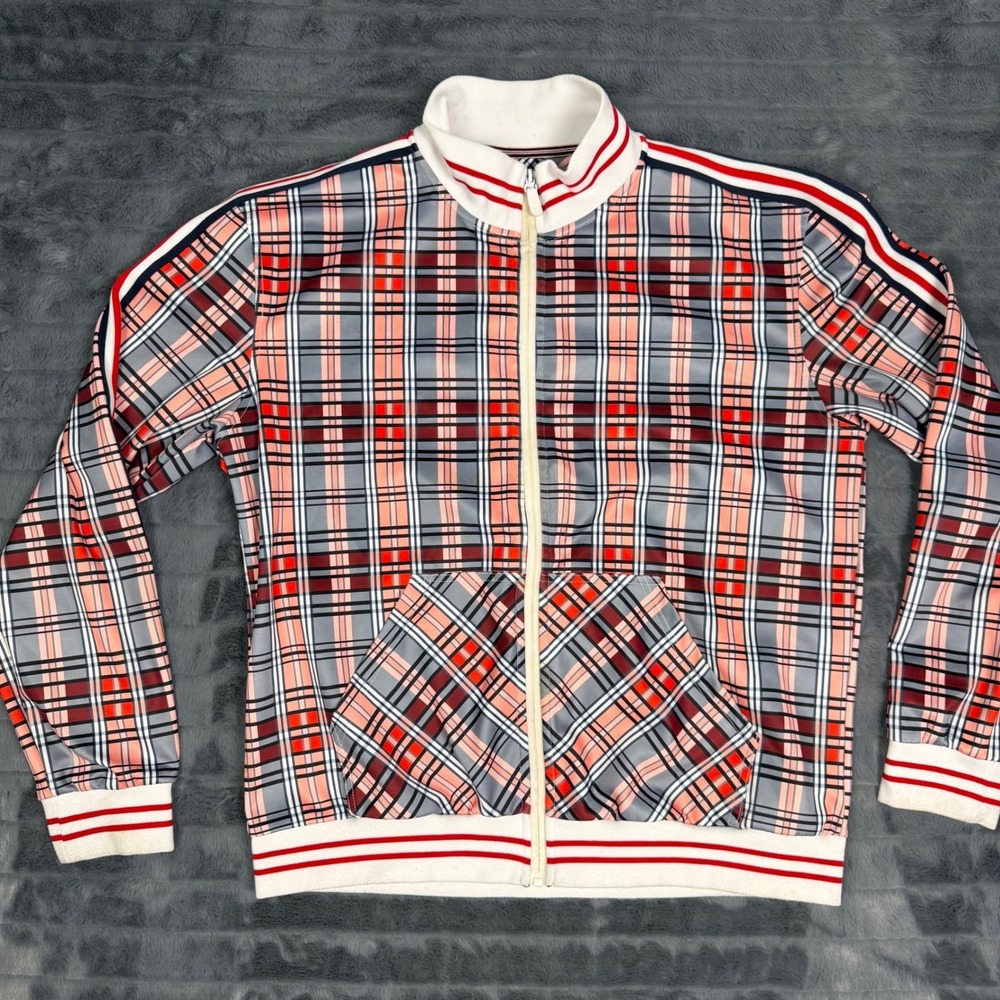 Stacy Adams Mens XXL Plaid Track Jacket Full Zip Mock Neck Red Grey White 6945